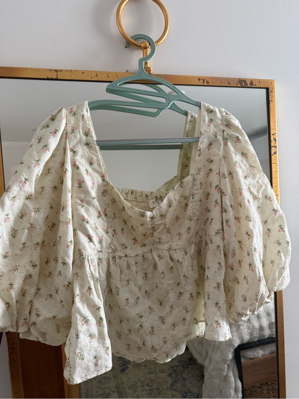 Women's Floral Puff-Sleeve Square Neck Top - Cream with Pink Roses